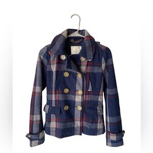 AE Pea Coat Size XS Women/Teen Plaid Red White Blue w/ Detachable Hood Wool